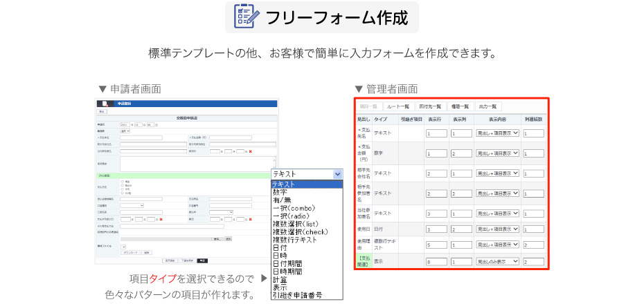 フリーフォーム作成　標準テンプレートの他、お客様で簡単に入力フォームを作成できます。